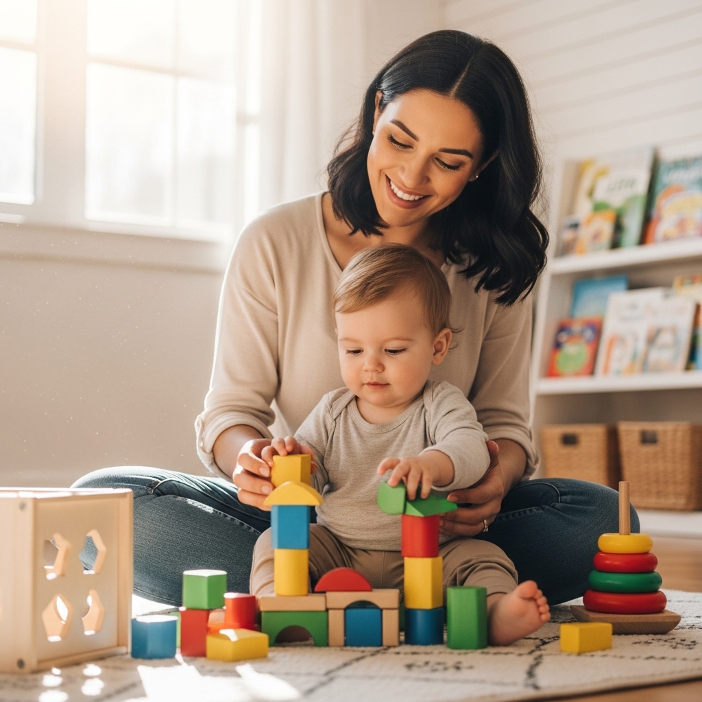 Mother smiling and interacting with her child